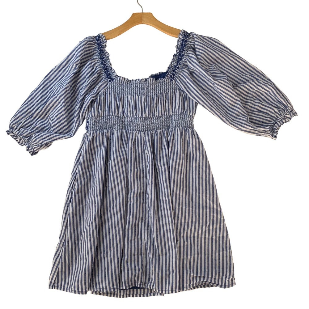 American Eagle Blue White Striped Smocked Puff Sleeve Mini Dress Womens Medium - Picture 2 of 9